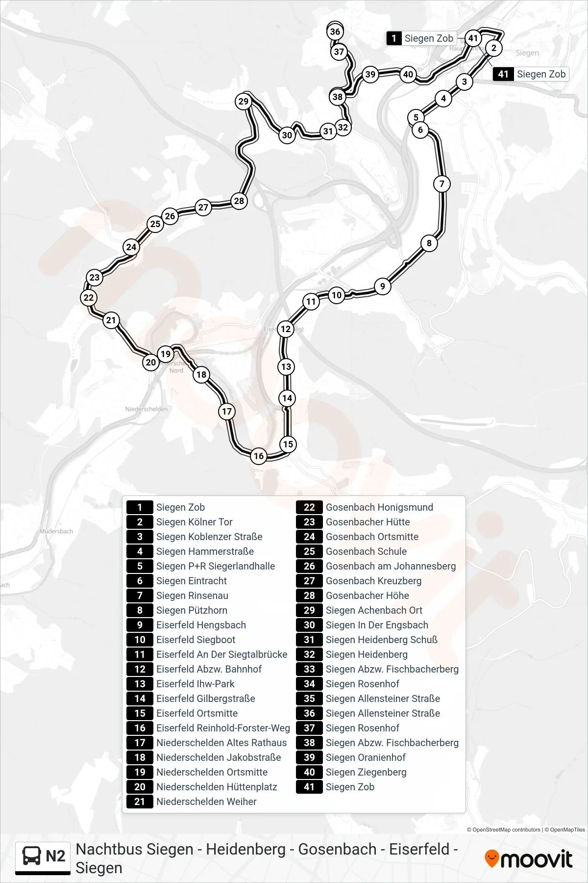 N2 bus Line (Siegen Zob Bstg E) route and stops on a map