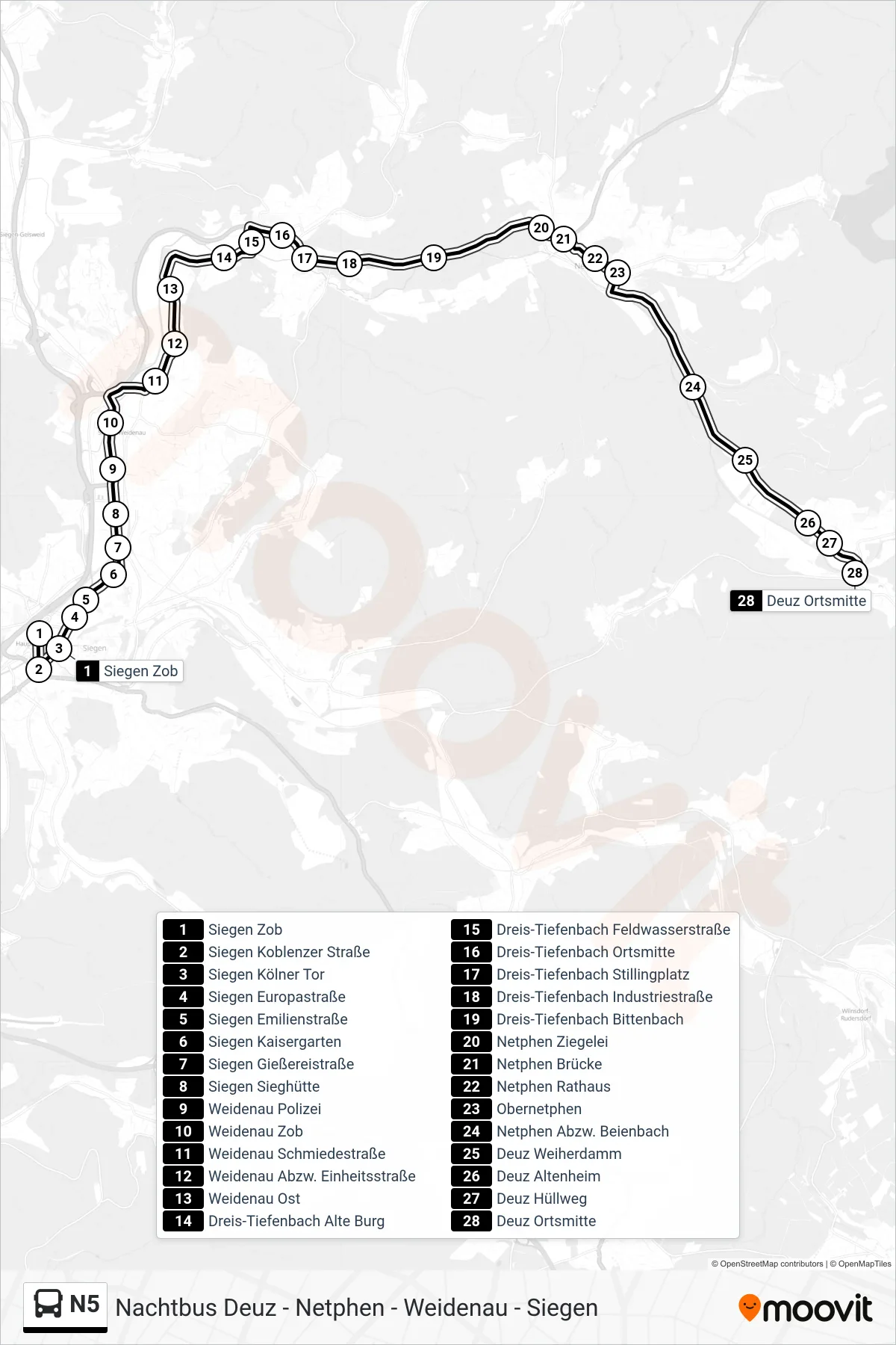 Linie N5 (Bus) Richtung Deuz Ortsmitte: Route und Haltestellen auf der Karte