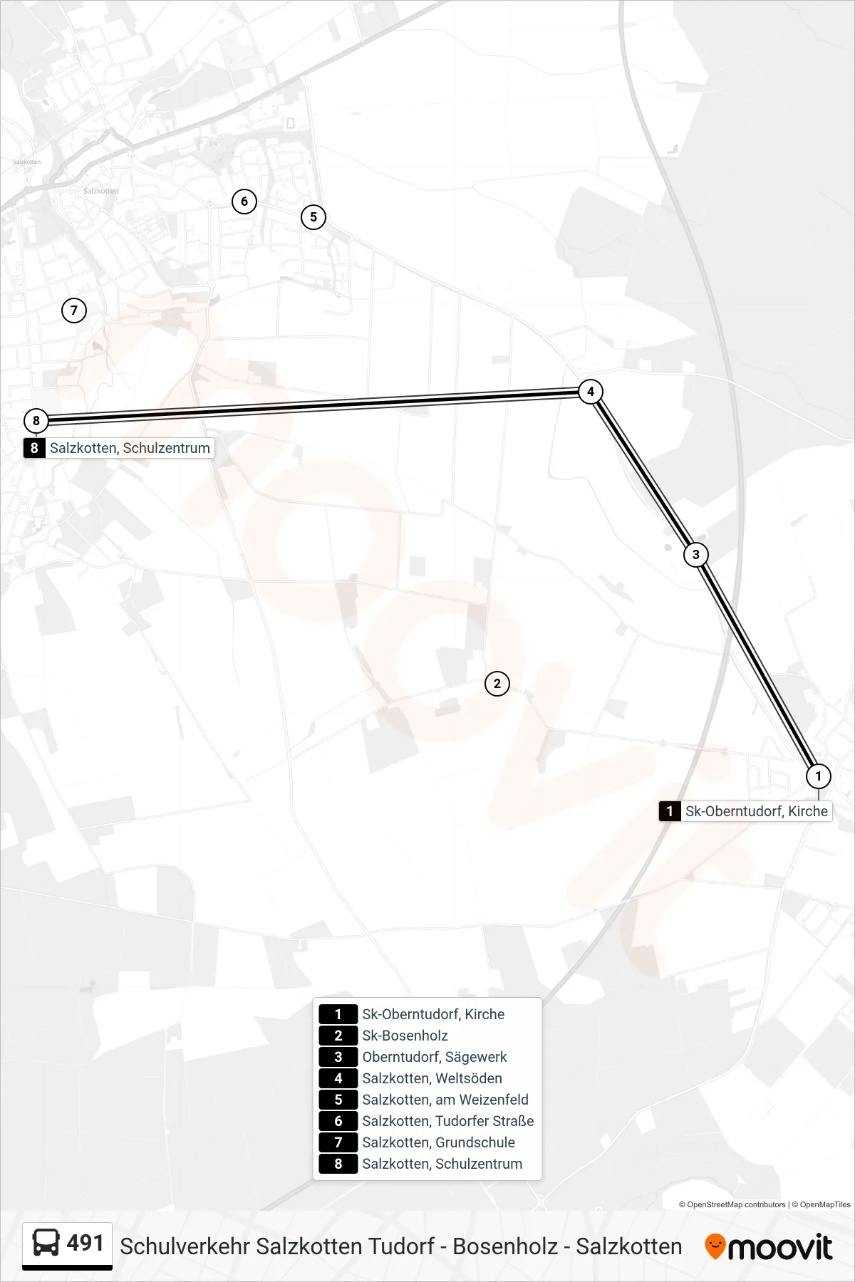 491 bus Line (Salzkotten, Schulzentrum) route and stops on a map