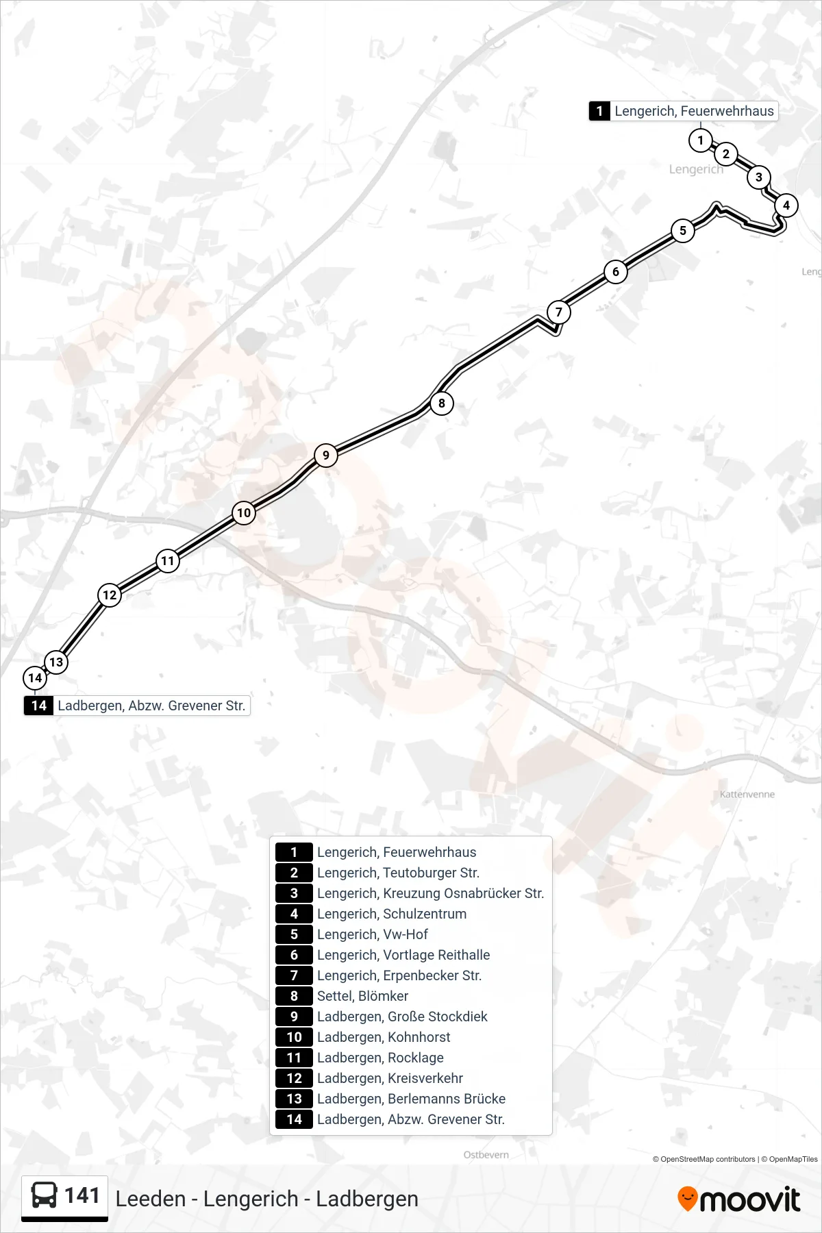 141 bus Line (Ladbergen, Abzw. Grevener Str.) route and stops on a map
