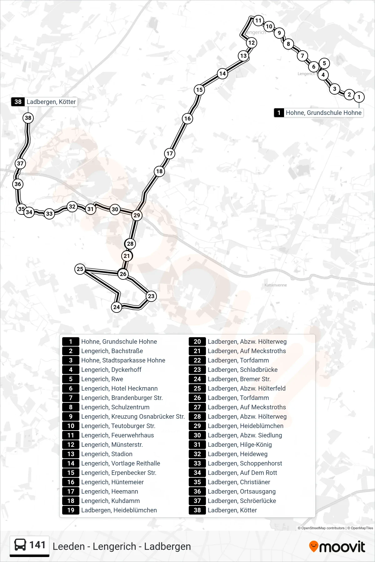 141 bus Line (Ladbergen, Kötter) route and stops on a map