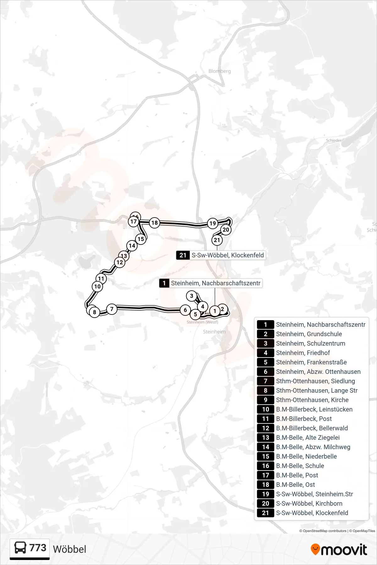 773 bus Line (Wöbbel) route and stops on a map