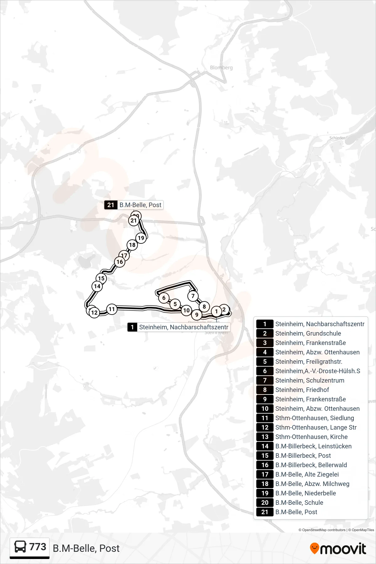 773 bus Line (B.M-Belle, Post) route and stops on a map