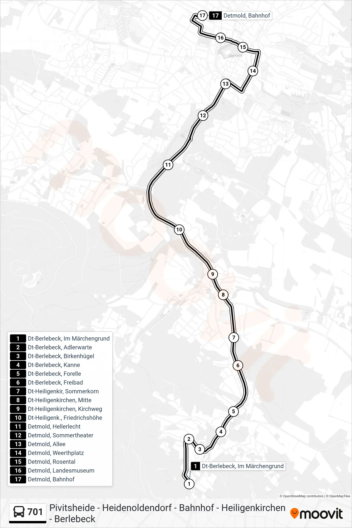 701 bus Line (Detmold, Bahnhof Steig 2) route and stops on a map