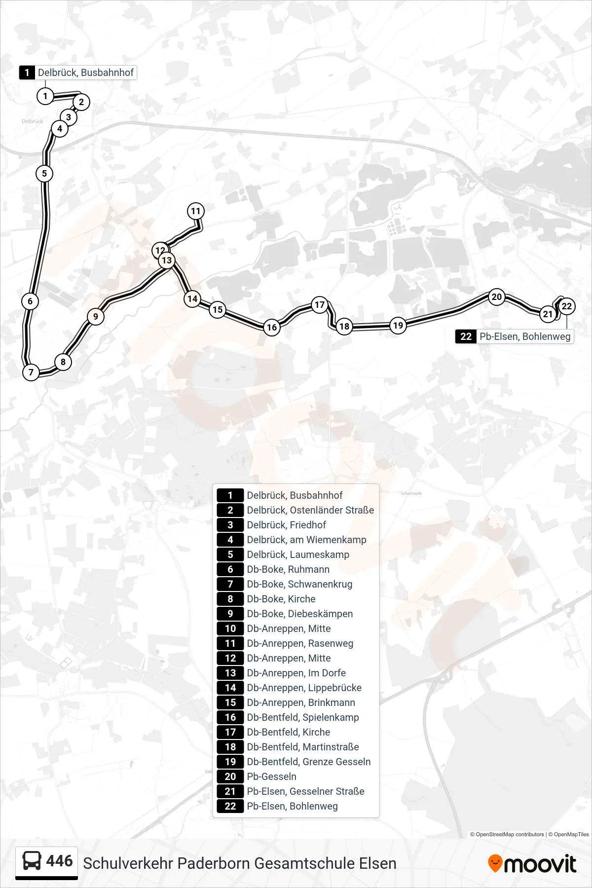 446 bus Line (Pb-Elsen, Bohlenweg) route and stops on a map