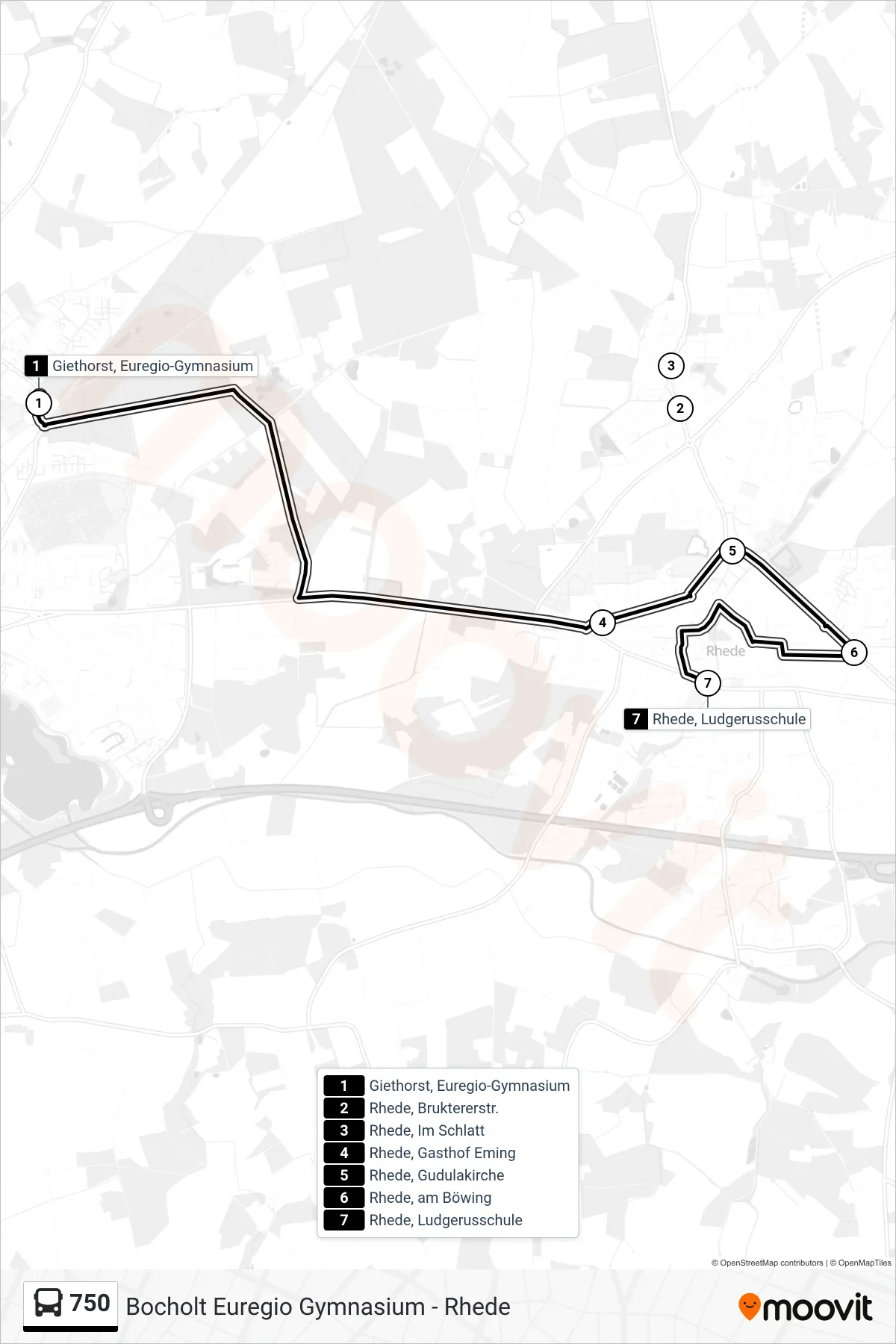 Linie 750 (Tram) Richtung Rhede, Ludgerusschule: Route und Haltestellen auf der Karte