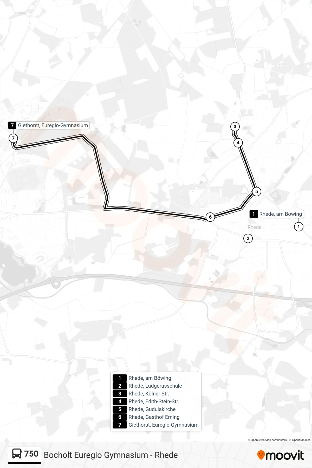 750 tram Line (Giethorst, Euregio-Gymnasium) route and stops on a map