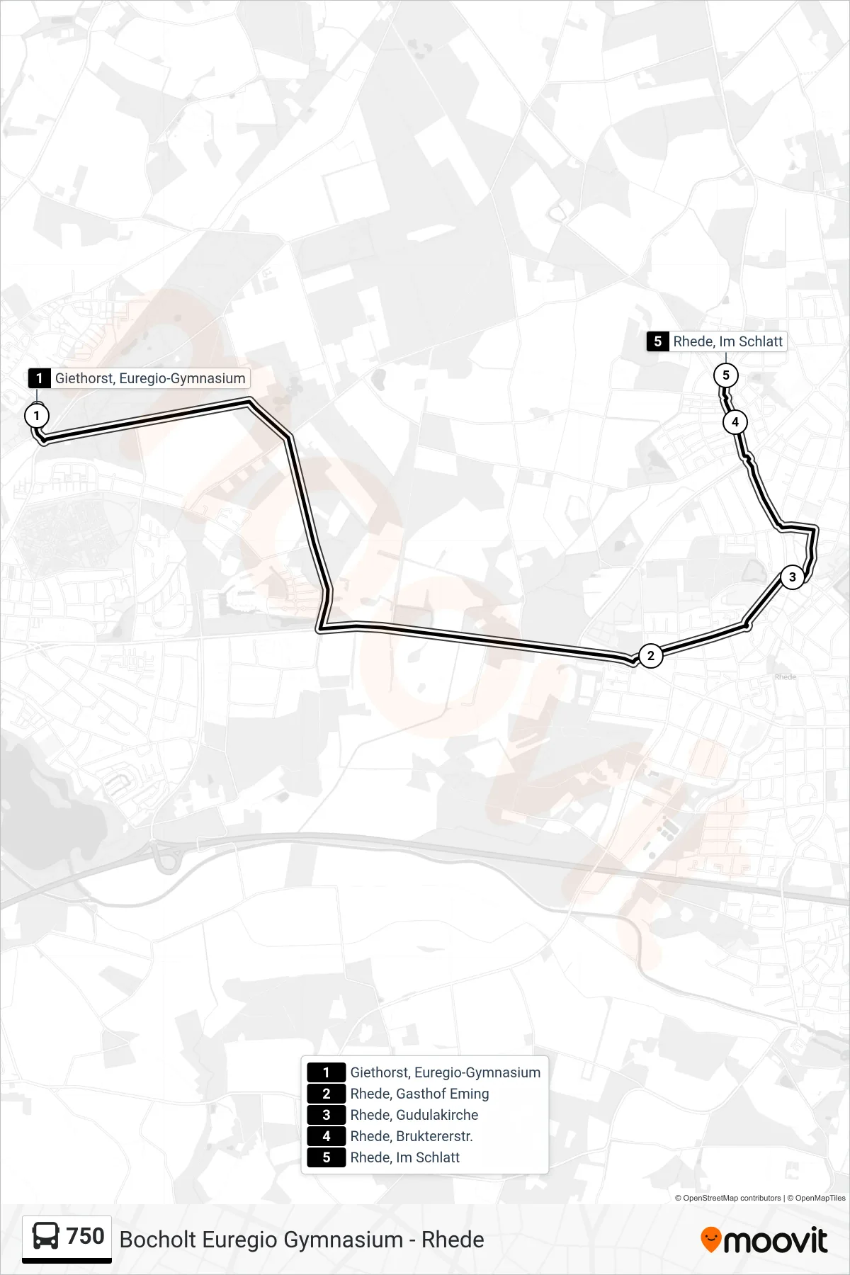 750 tram Line (Rhede, Im Schlatt) route and stops on a map