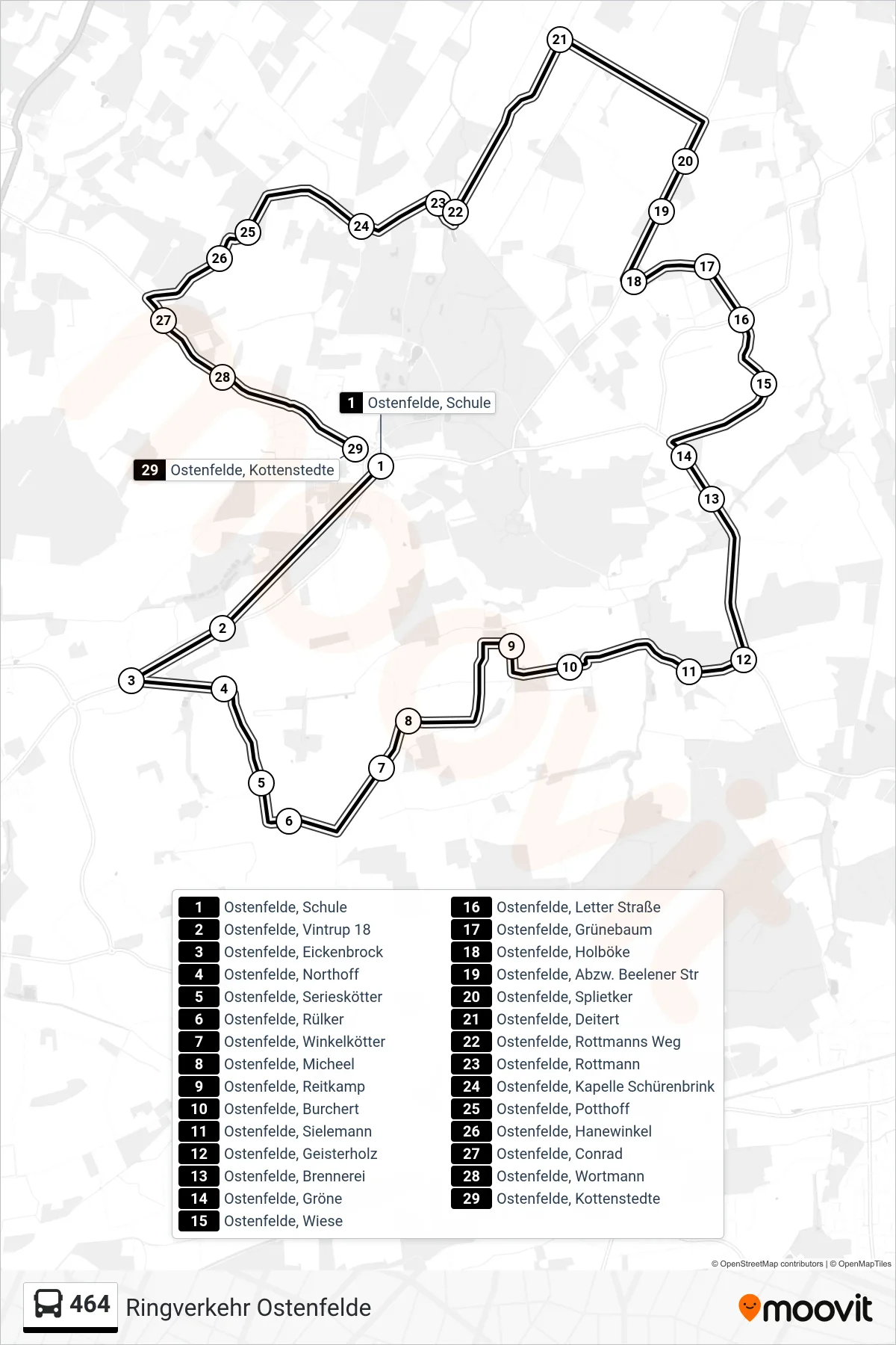 Linie 464 (Bus) Richtung Ostenfelde, Kottenstedte: Route und Haltestellen auf der Karte