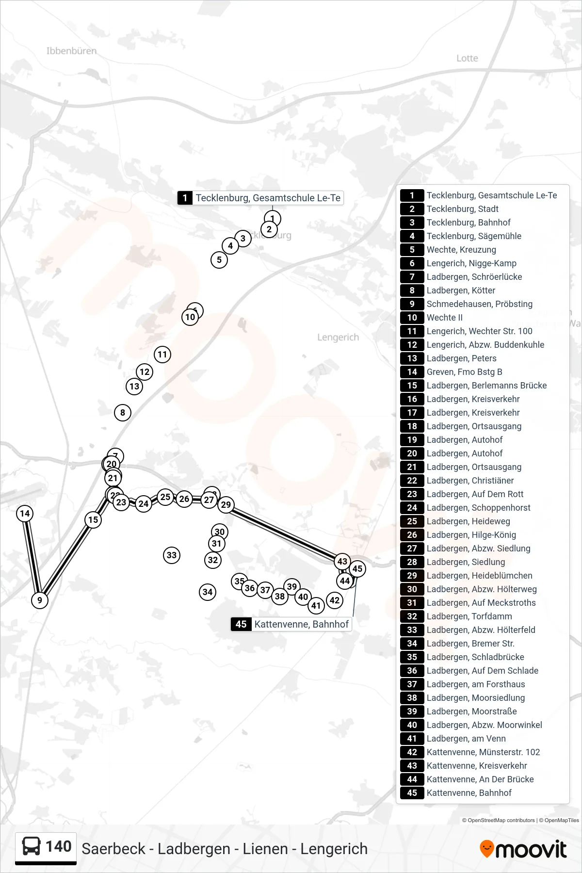 140 bus Line (Kattenvenne, Bahnhof) route and stops on a map