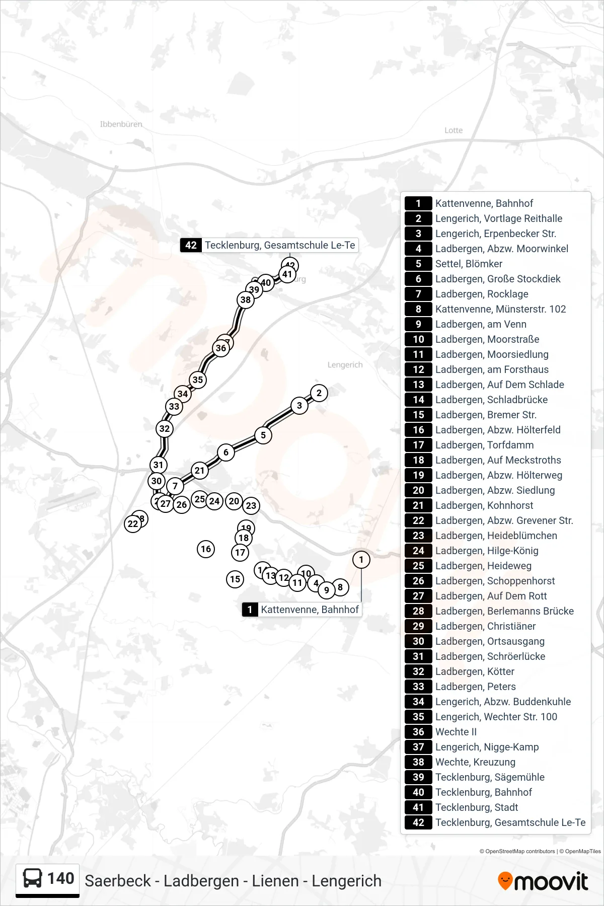 140 bus Line (Tecklenburg, Gesamtschule Le-Te) route and stops on a map