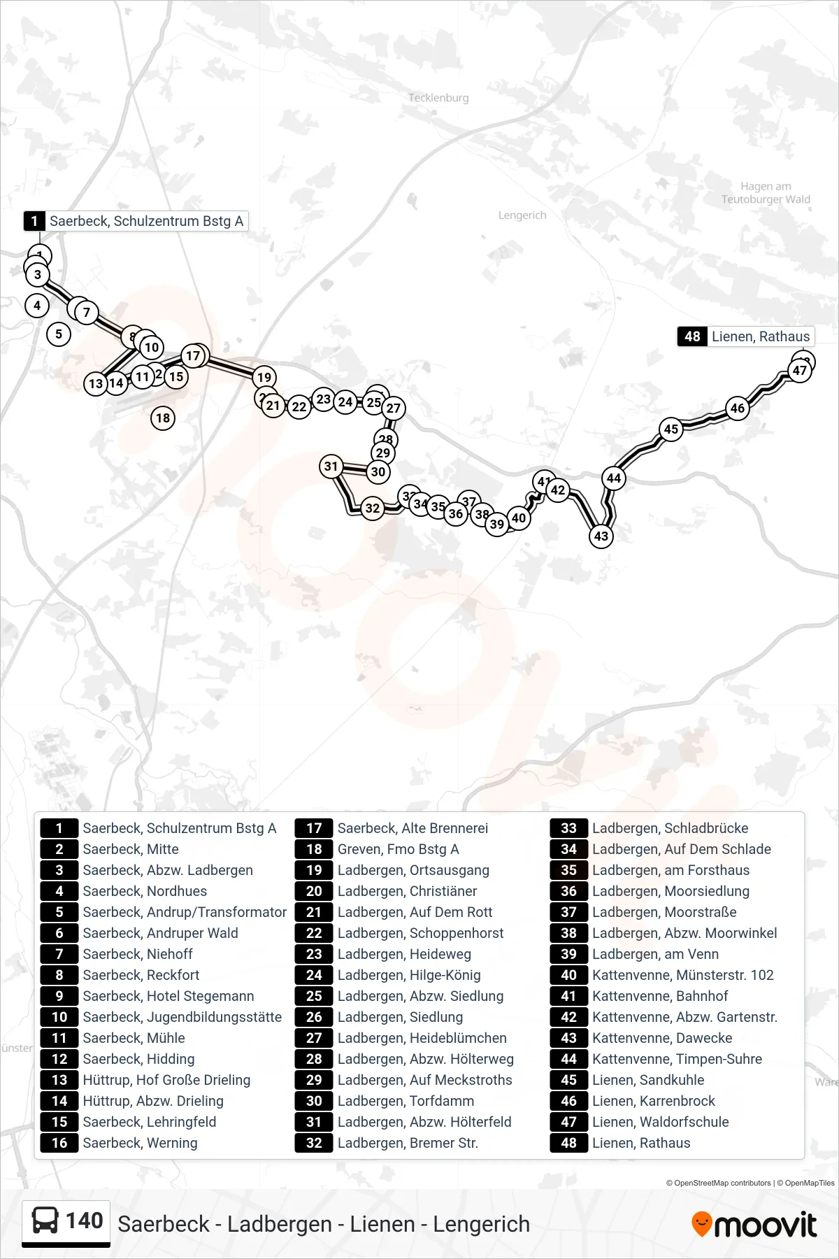 140 bus Line (Lienen, Rathaus) route and stops on a map