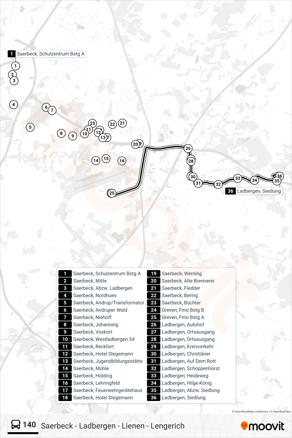 140 bus Line (Ladbergen, Siedlung) route and stops on a map