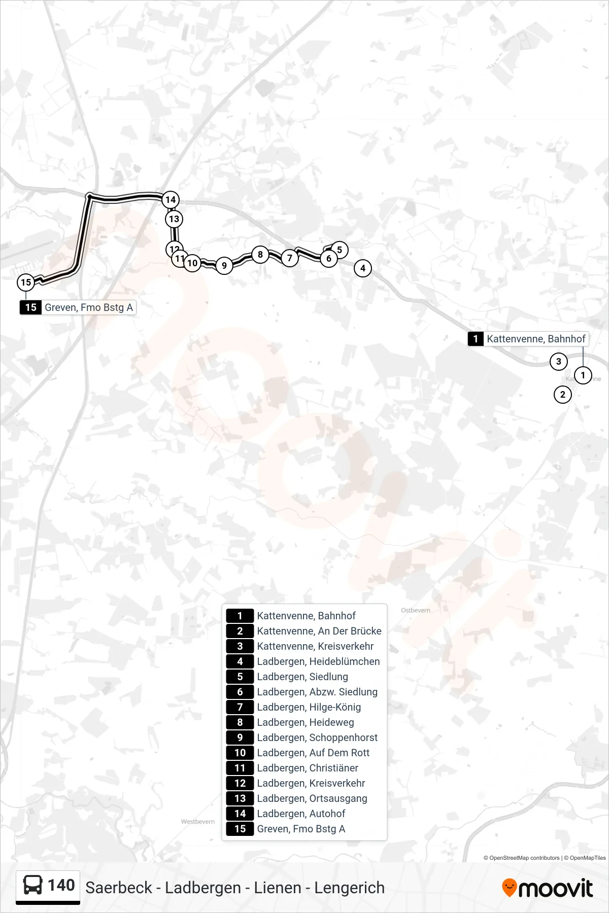 140 bus Line (Greven, Fmo Bstg A) route and stops on a map