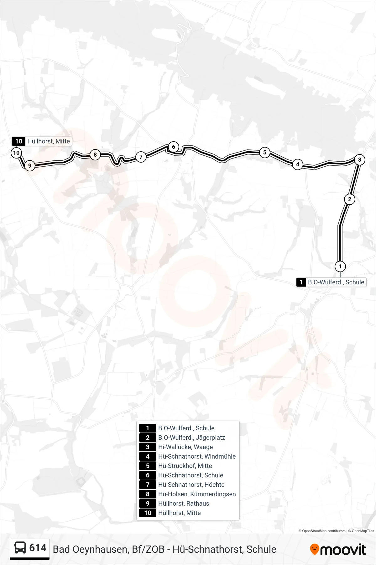 614 bus Line (Hüllhorst Mitte) route and stops on a map