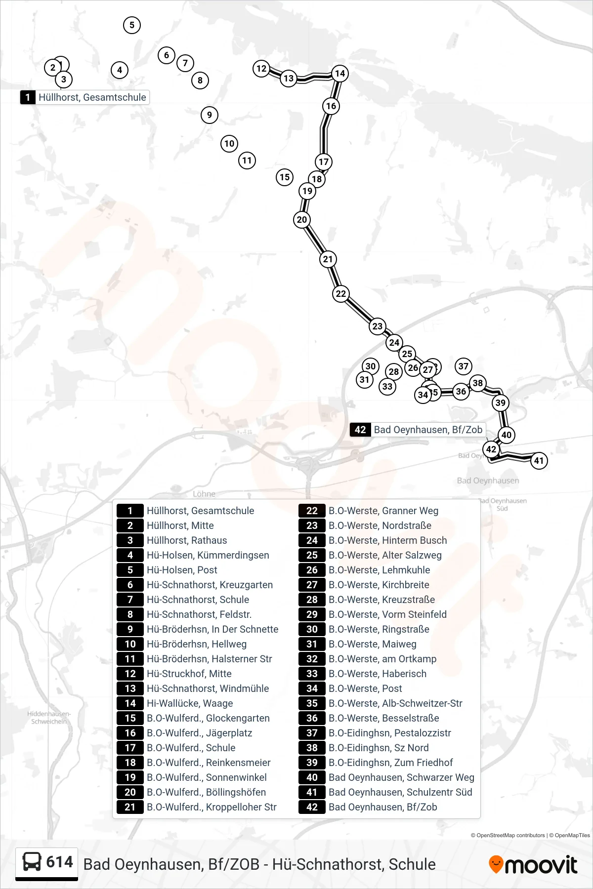 614 bus Line (Bad Oeynhausen Z O B) route and stops on a map