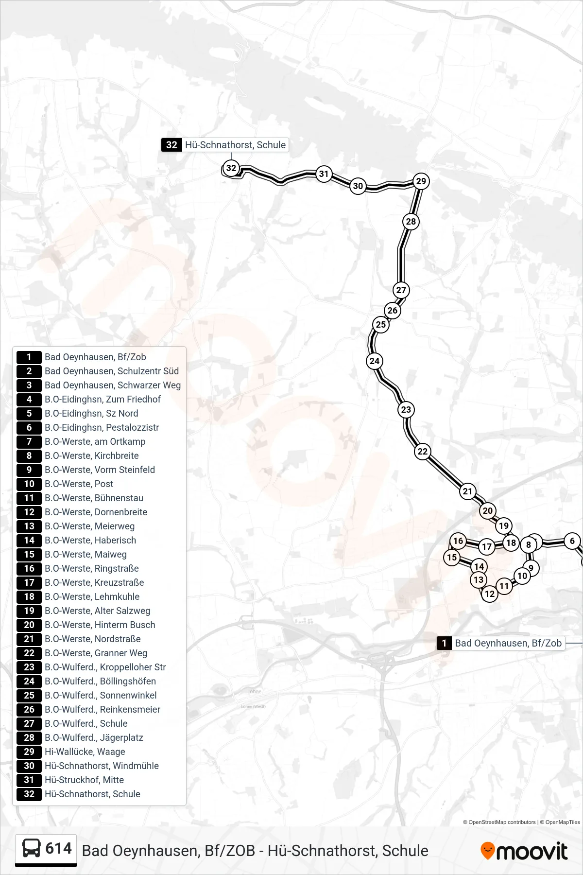614 bus Line (Schnathorst Über Wallücke) route and stops on a map