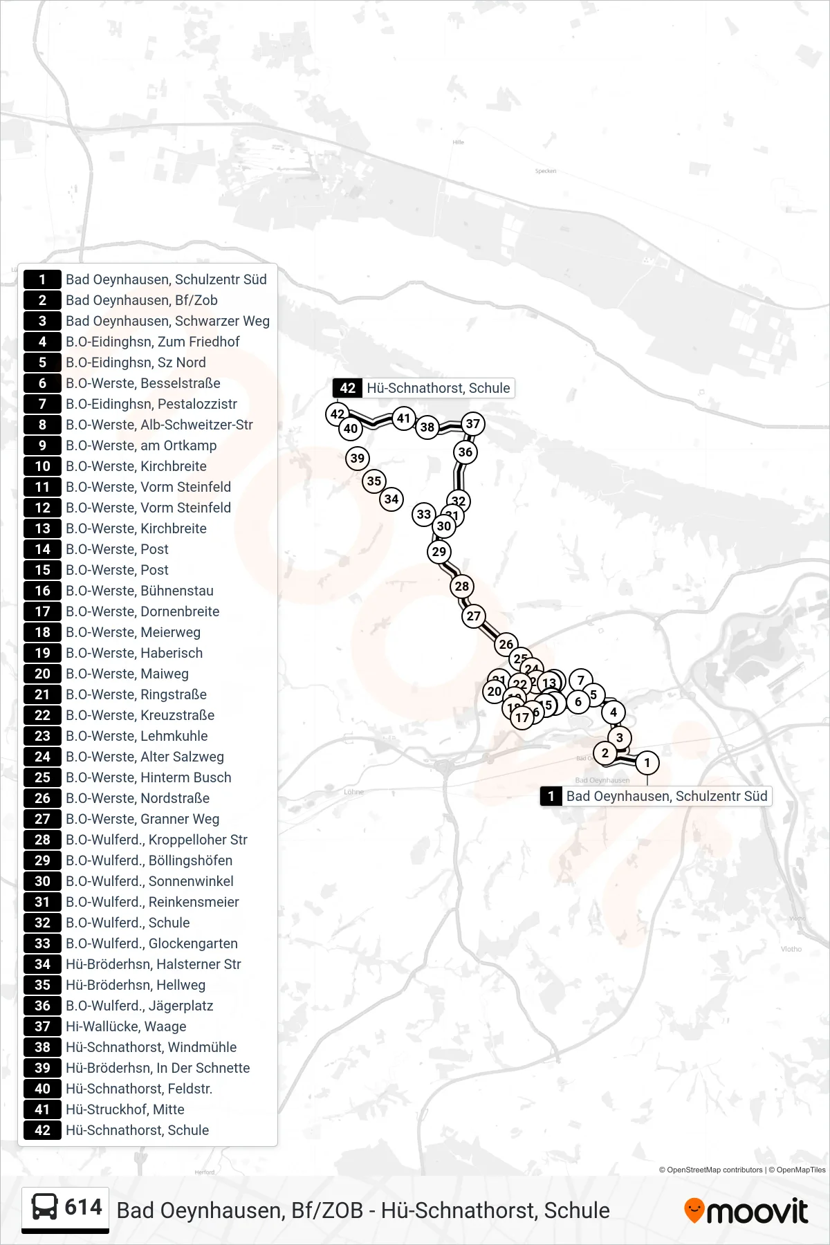 614 bus Line (Schnathorst Schule) route and stops on a map