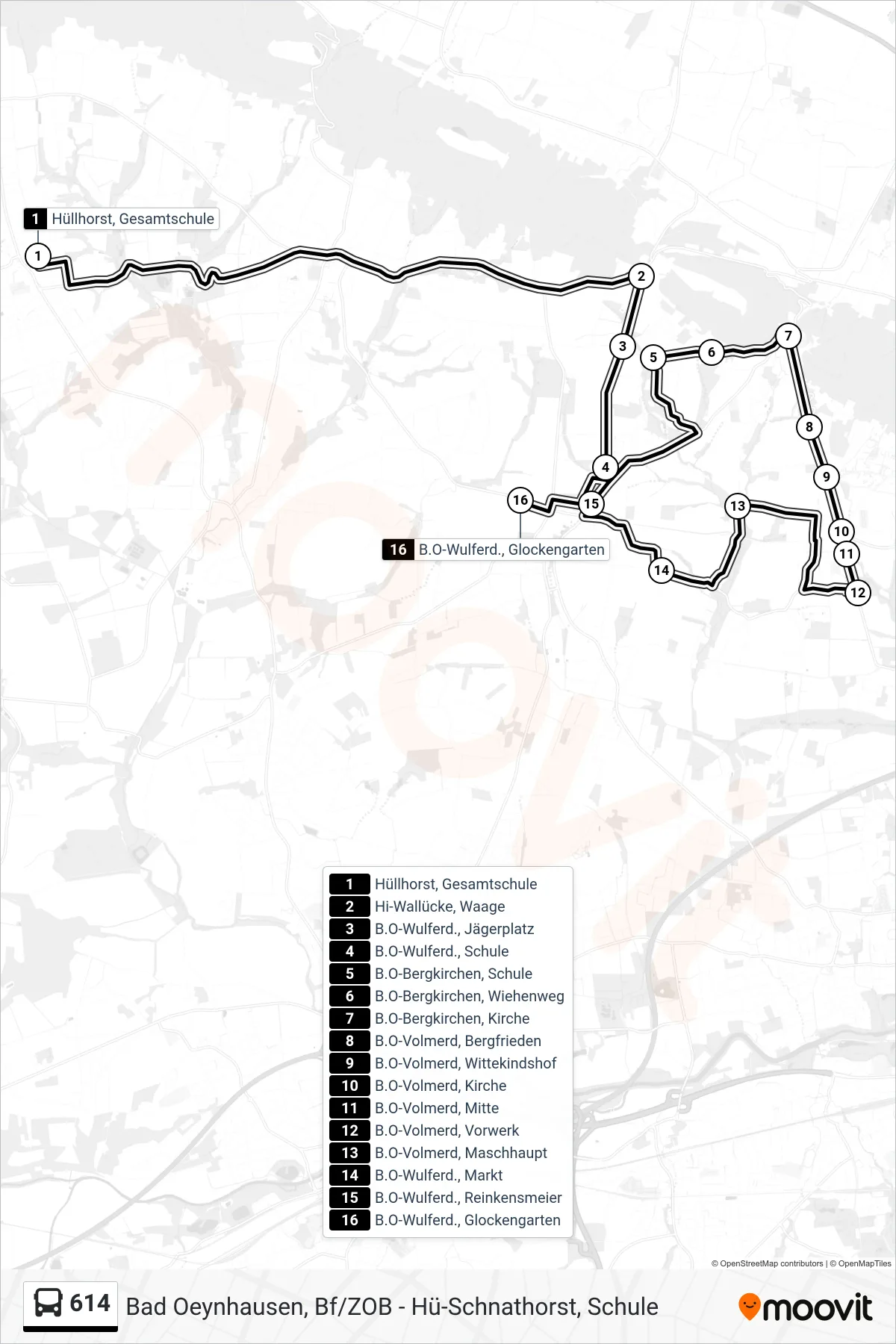 614 bus Line (Wulferdingsen Üb. Bergkirchen) route and stops on a map