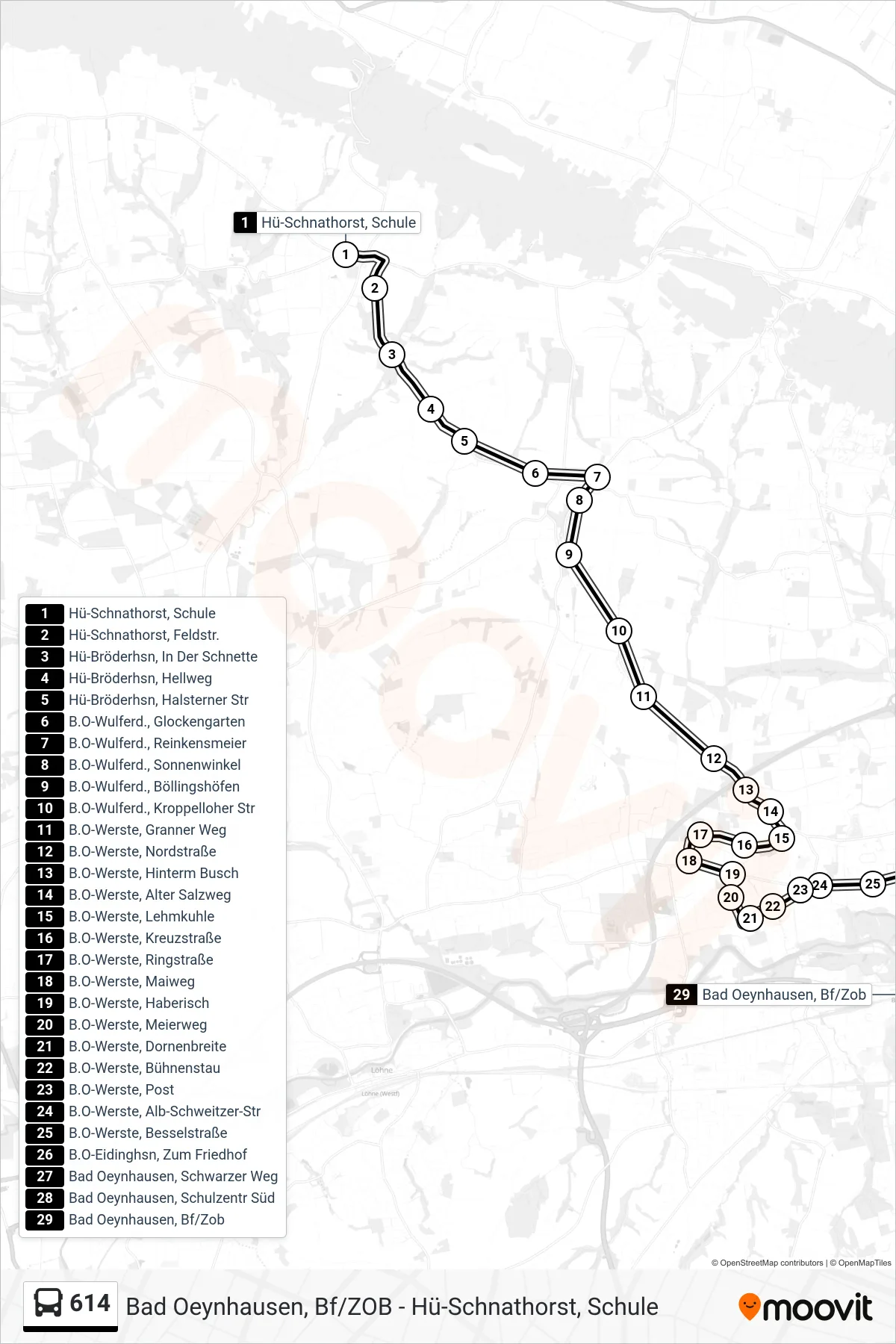 614 bus Line (Bad Oeynhausen Zob Über Schulzentrum Süd) route and stops on a map
