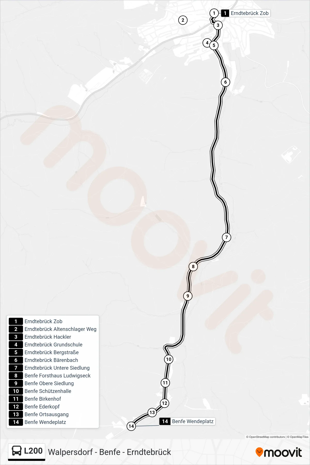L200 bus Line (Benfe Wendeplatz) route and stops on a map