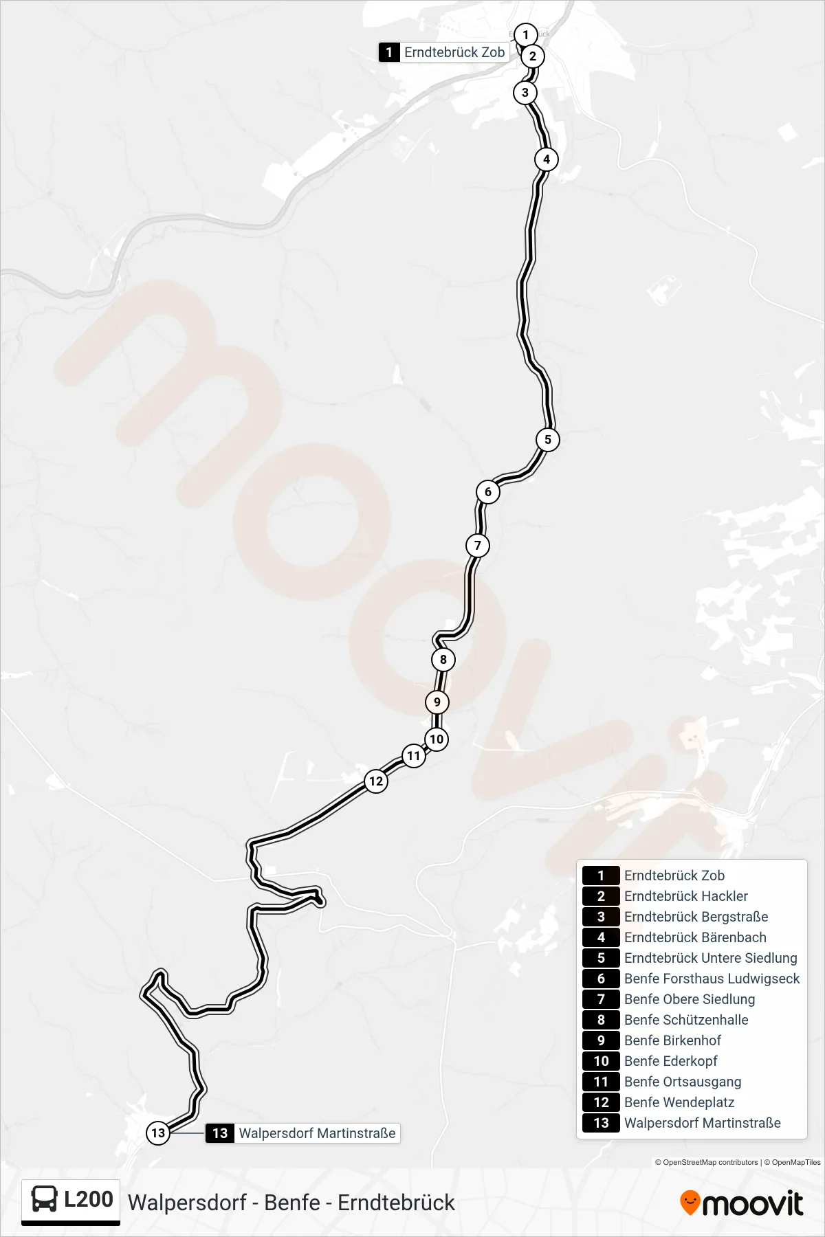 L200 bus Line (Walpersdorf Martinstraße) route and stops on a map