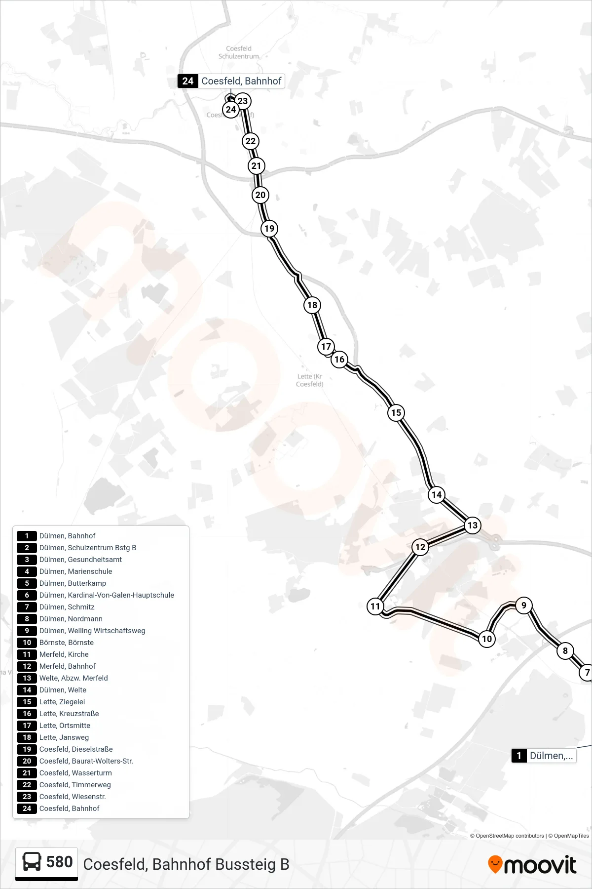 580 bus Line (Coesfeld, Bahnhof Bussteig B) route and stops on a map