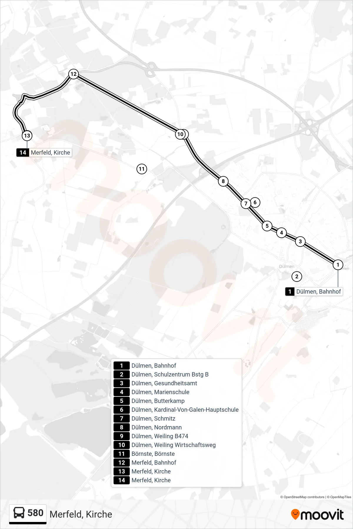 Linie 580 (Bus) Richtung Merfeld, Kirche: Route und Haltestellen auf der Karte