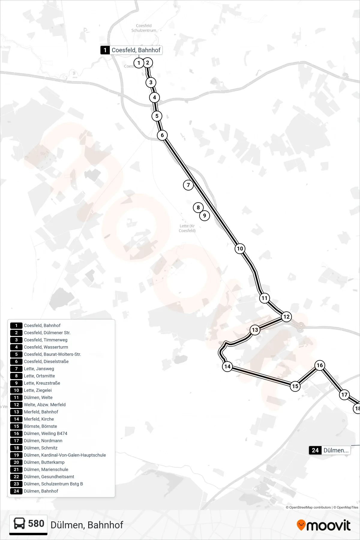 580 bus Line (Dülmen, Bahnhof) route and stops on a map