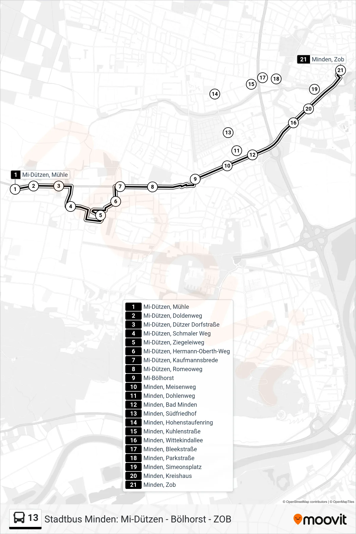 13 bus Line (Minden, Zob) route and stops on a map
