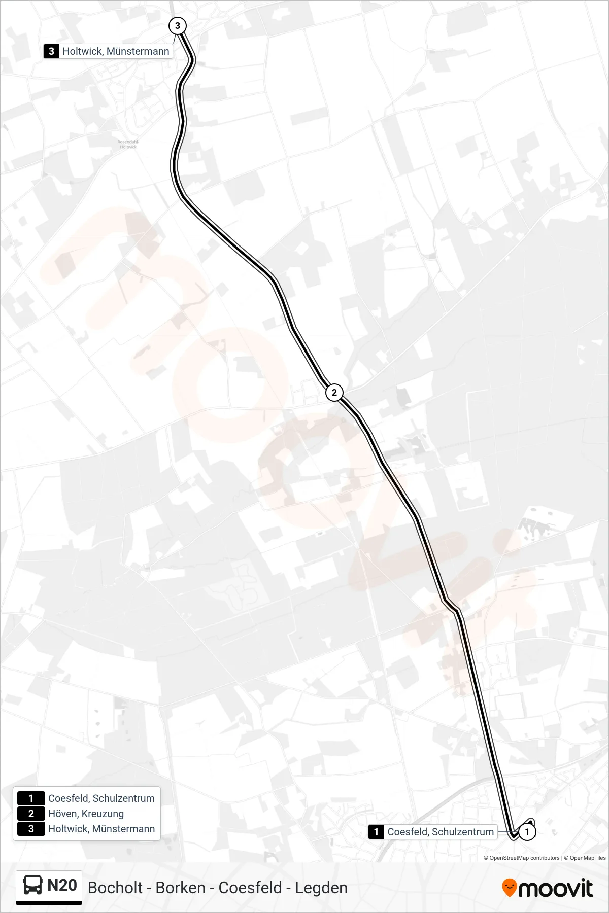 N20 bus Line (Holtwick, Münstermann) route and stops on a map