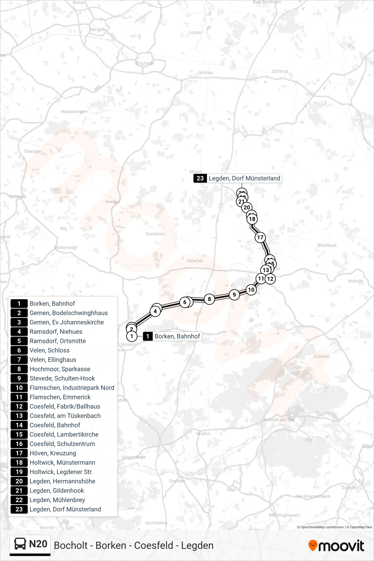 N20 bus Line (Legden, Dorf Münsterland) route and stops on a map