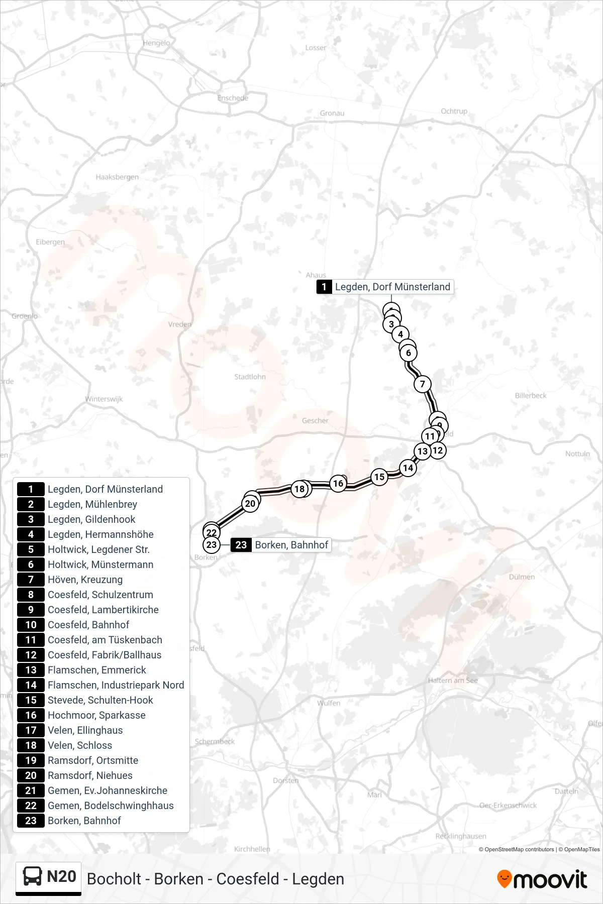 N20 bus Line (Borken, Bahnhof Bstg 2) route and stops on a map