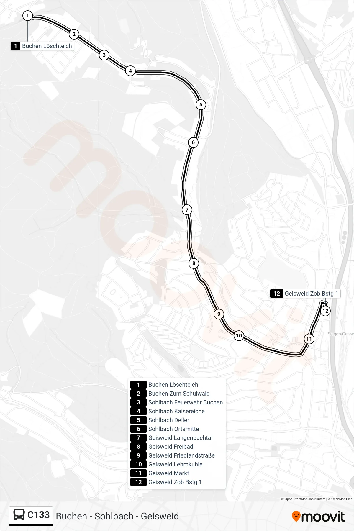 C133 bus Line (Geisweid Zob Bstg 1) route and stops on a map