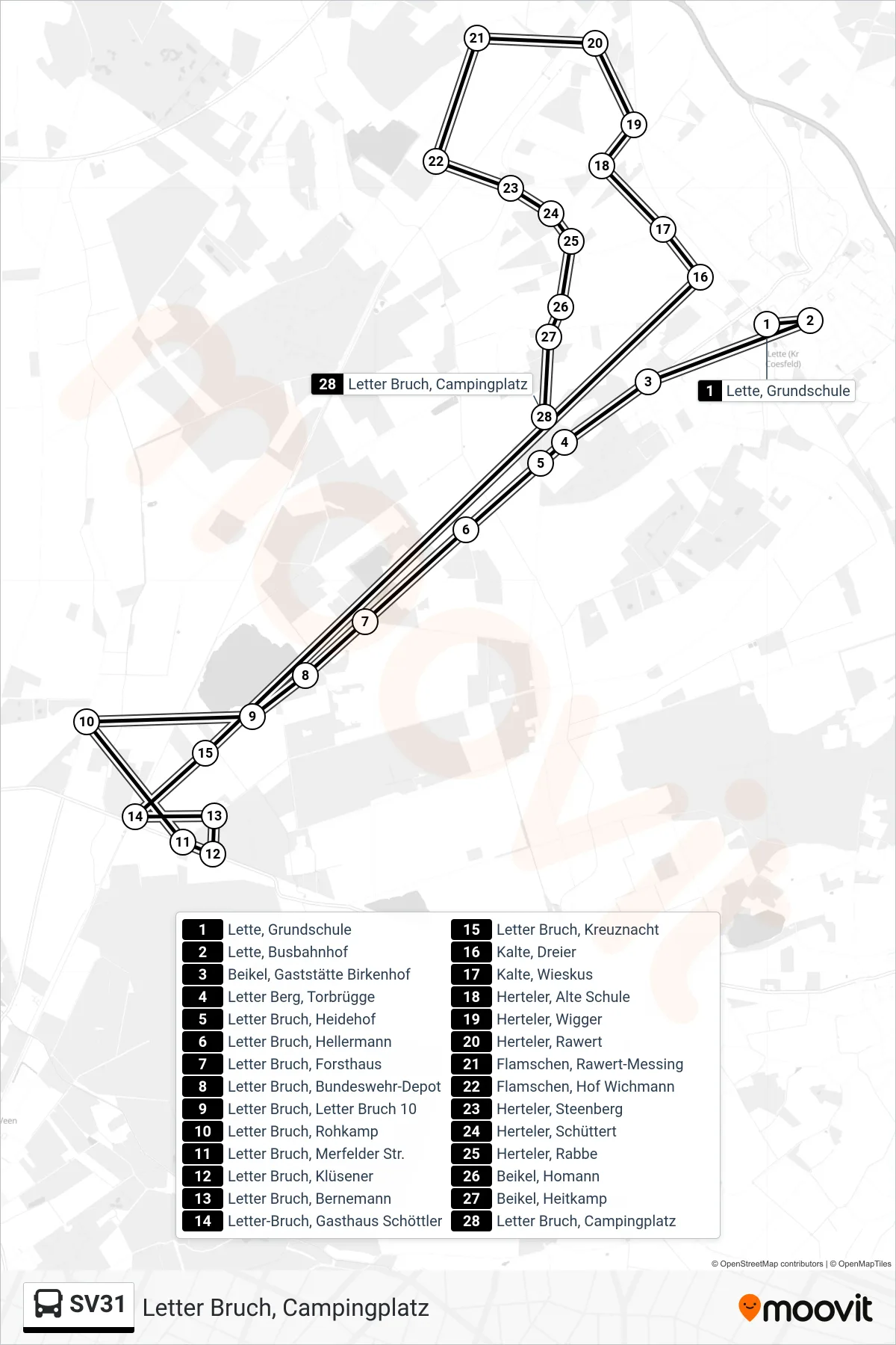Linie SV31 (Bus) Richtung Letter Bruch, Campingplatz: Route und Haltestellen auf der Karte