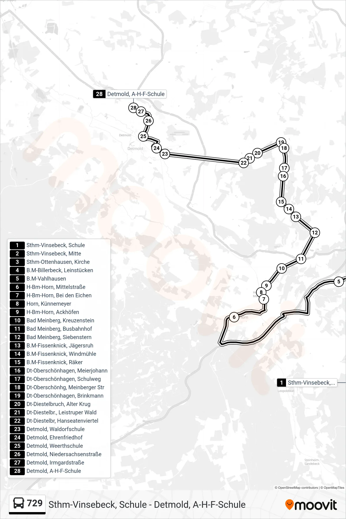 729 bus Line (Detmold, A-H-F-Schule) route and stops on a map