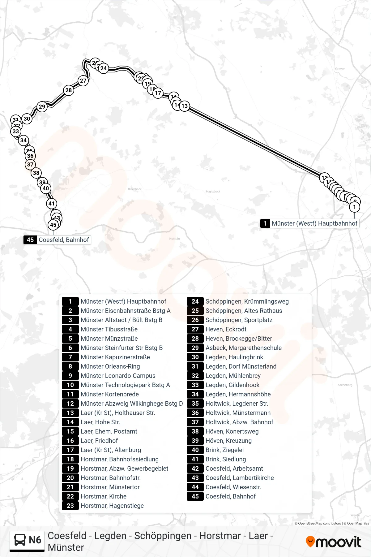N6 bus Line (Coesfeld, Bahnhof Bussteig B) route and stops on a map
