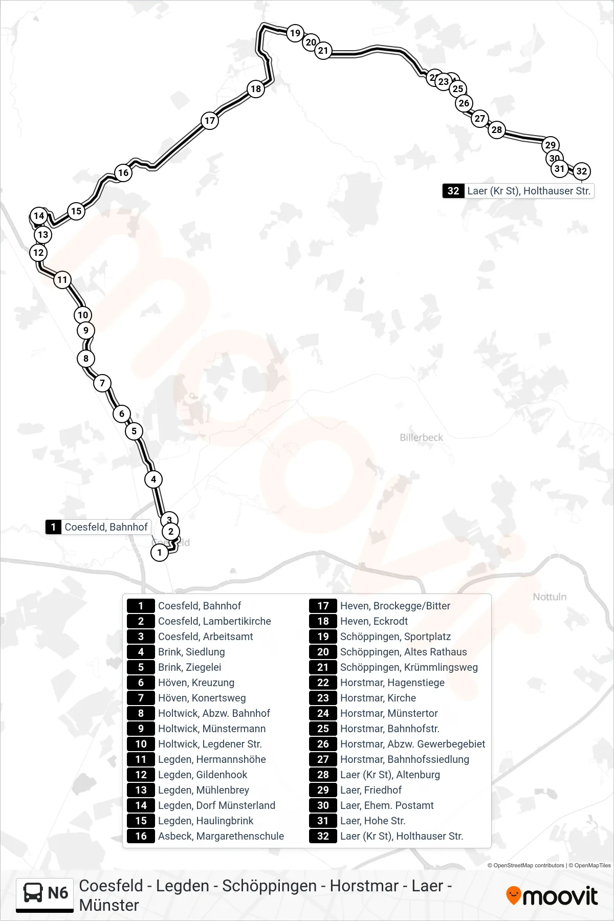 N6 bus Line (Laer (Kr St), Holthauser Str.) route and stops on a map