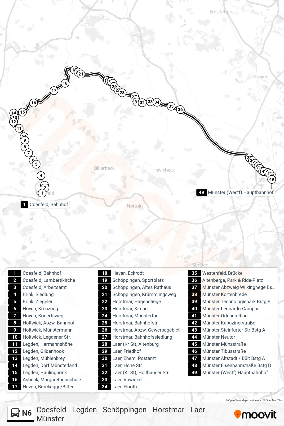 Linie N6 (Bus) Richtung Münster (Westf) Hauptbahnhof Bstg C1: Route und Haltestellen auf der Karte