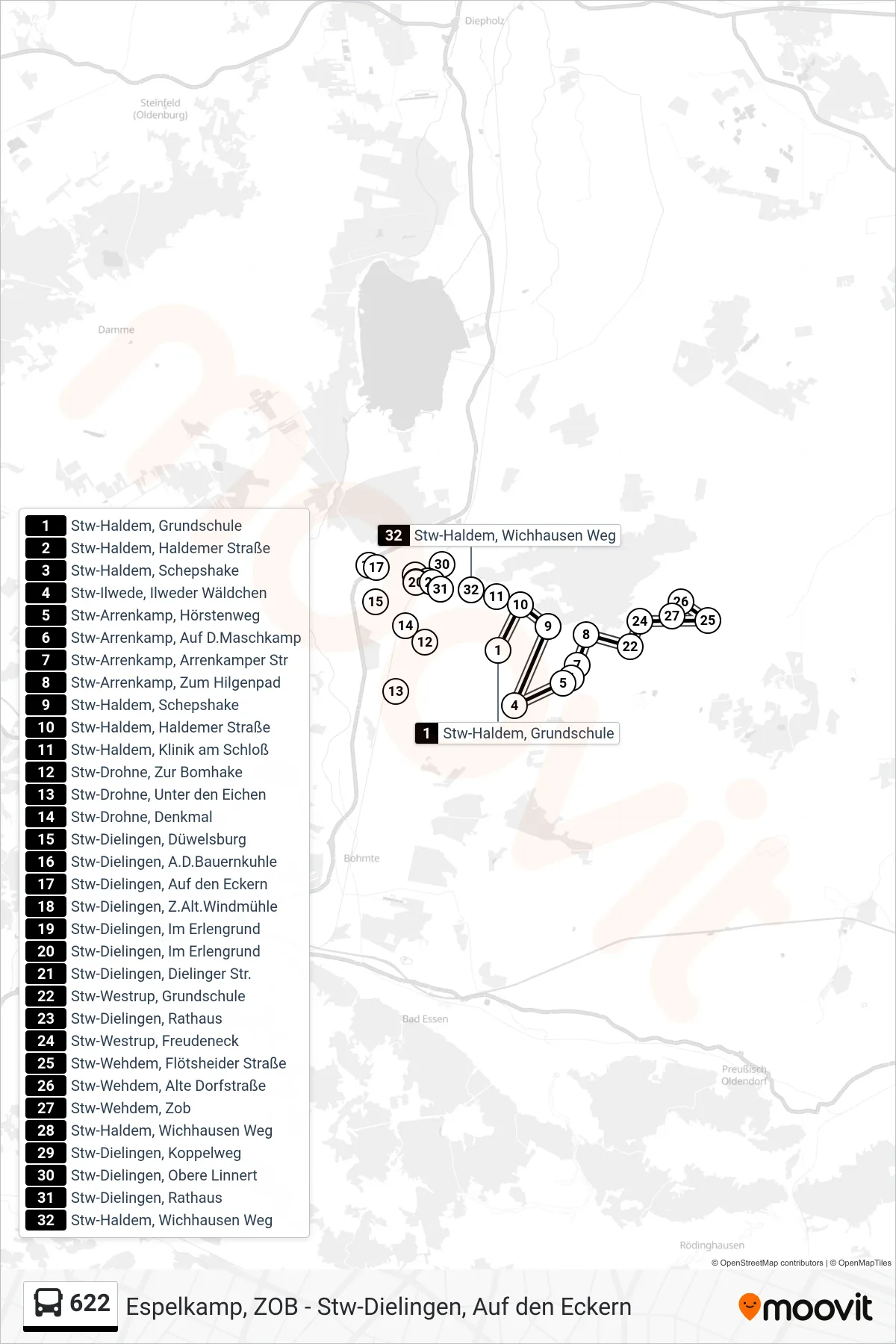 622 bus Line (Dielingen) route and stops on a map