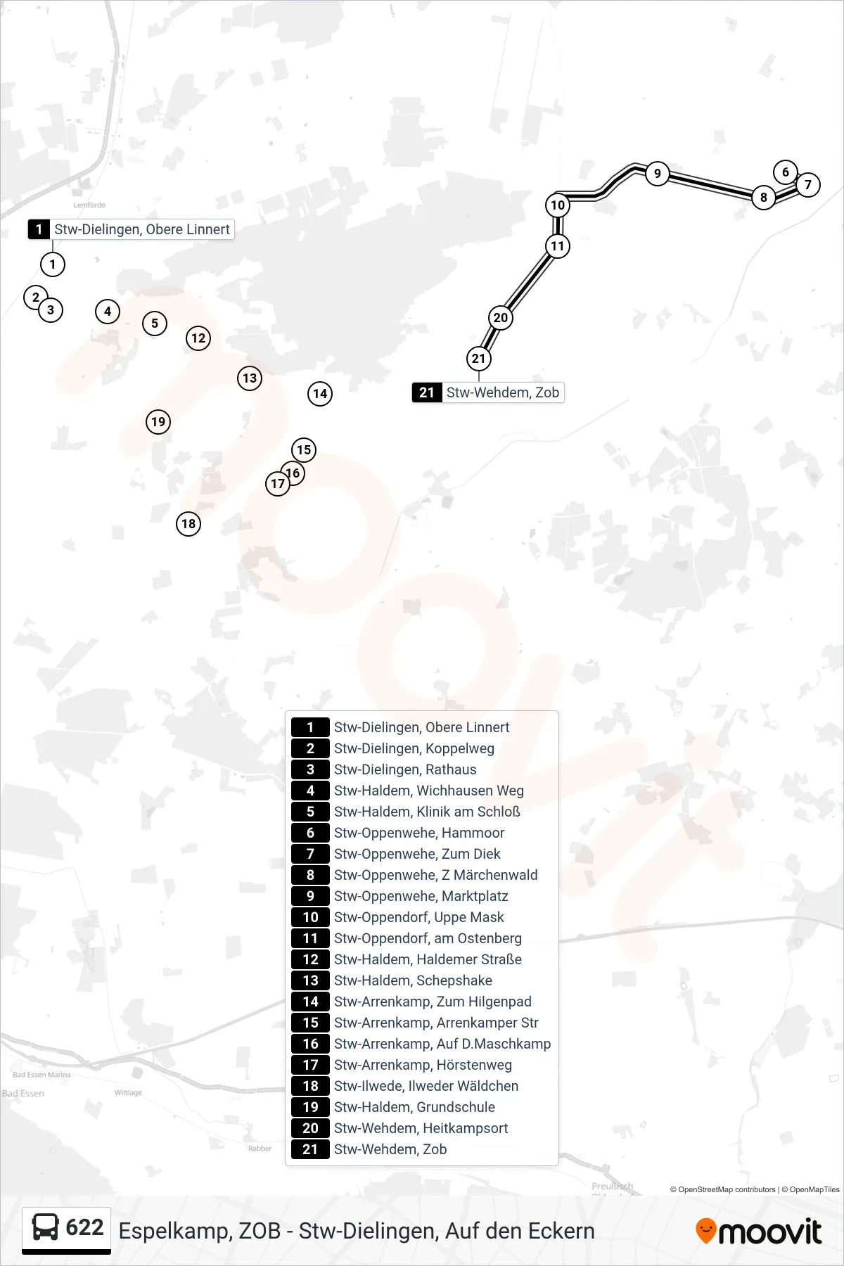 622 bus Line (Wehdem) route and stops on a map