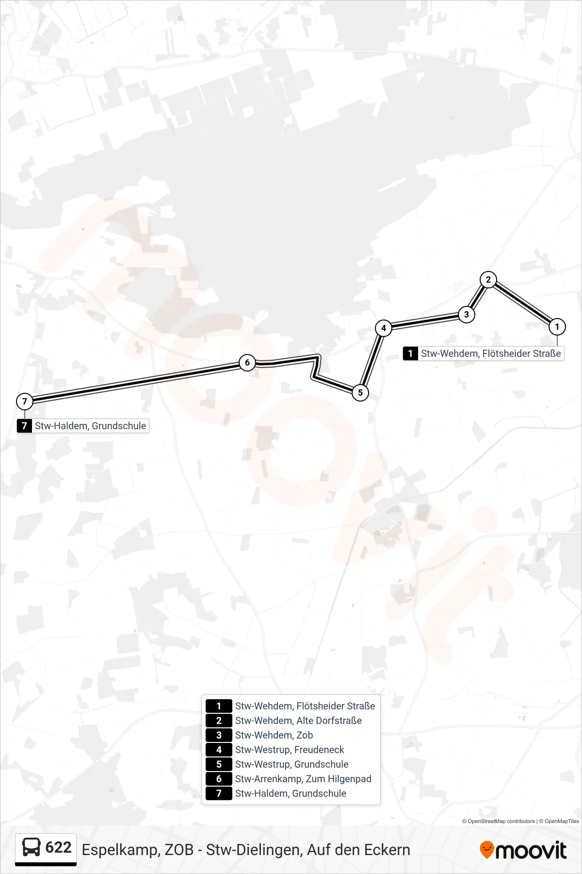 Linie 622 (Bus) Richtung Haldem 622/623: Route und Haltestellen auf der Karte