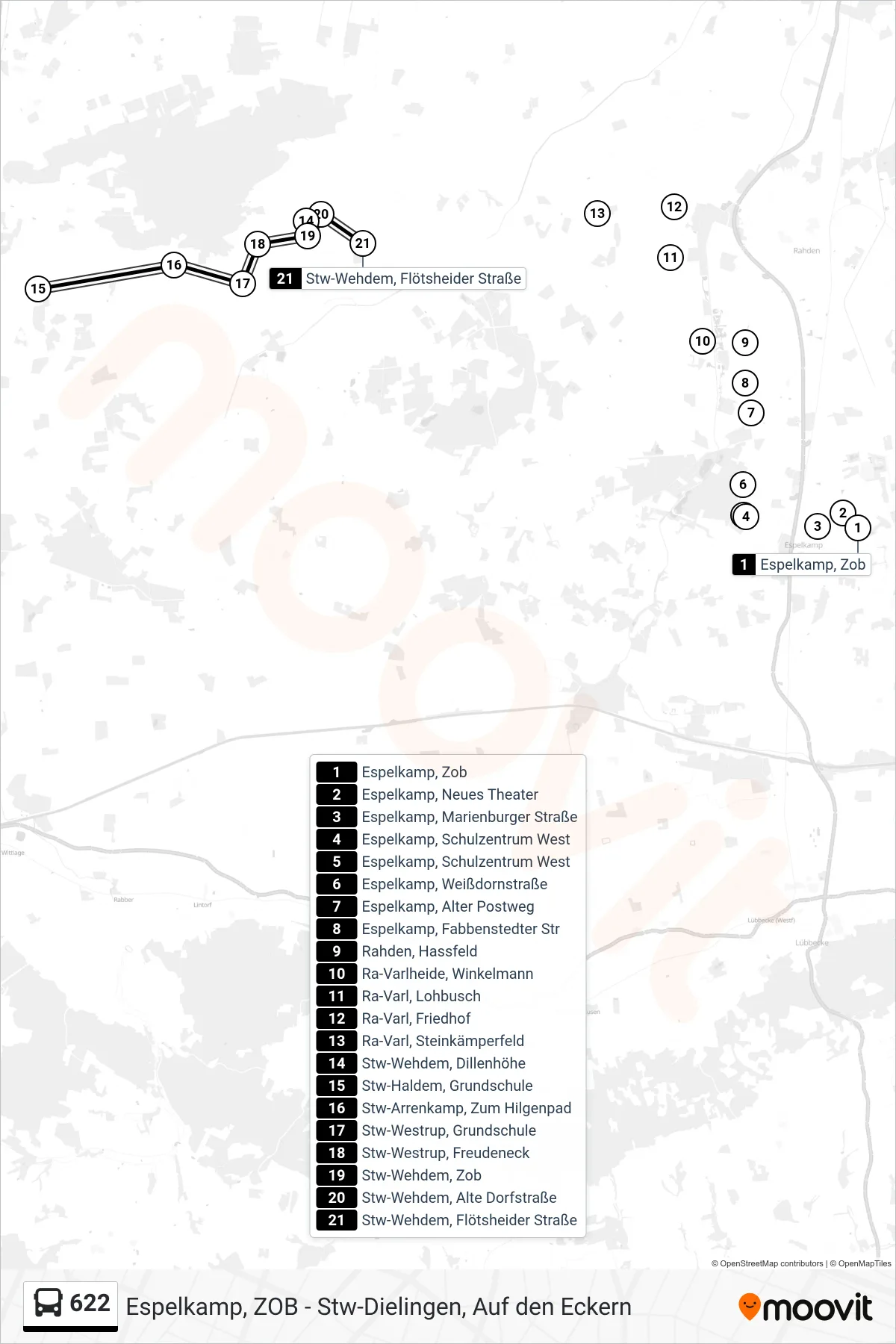622 bus Line (Wehdem) route and stops on a map