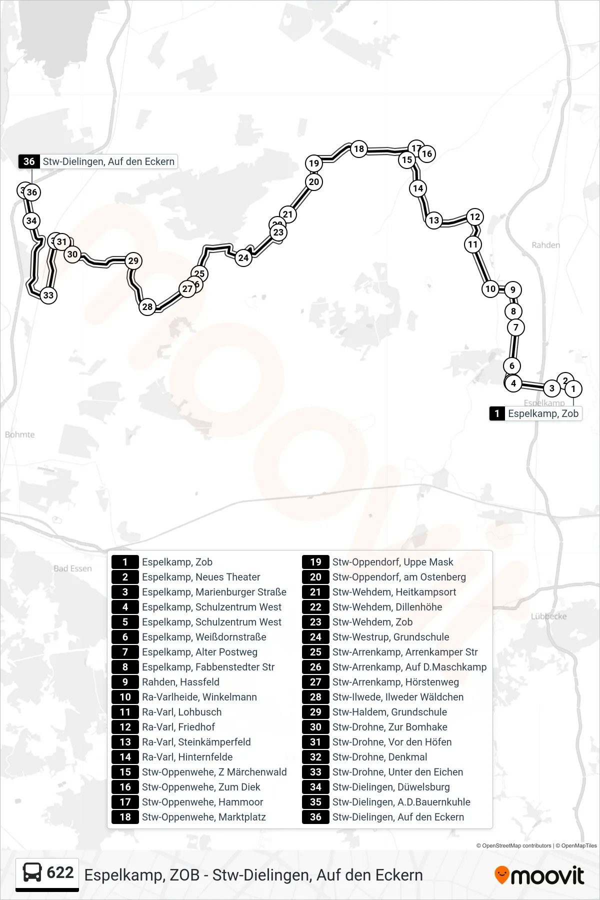 622 bus Line (Arrenkamp) route and stops on a map