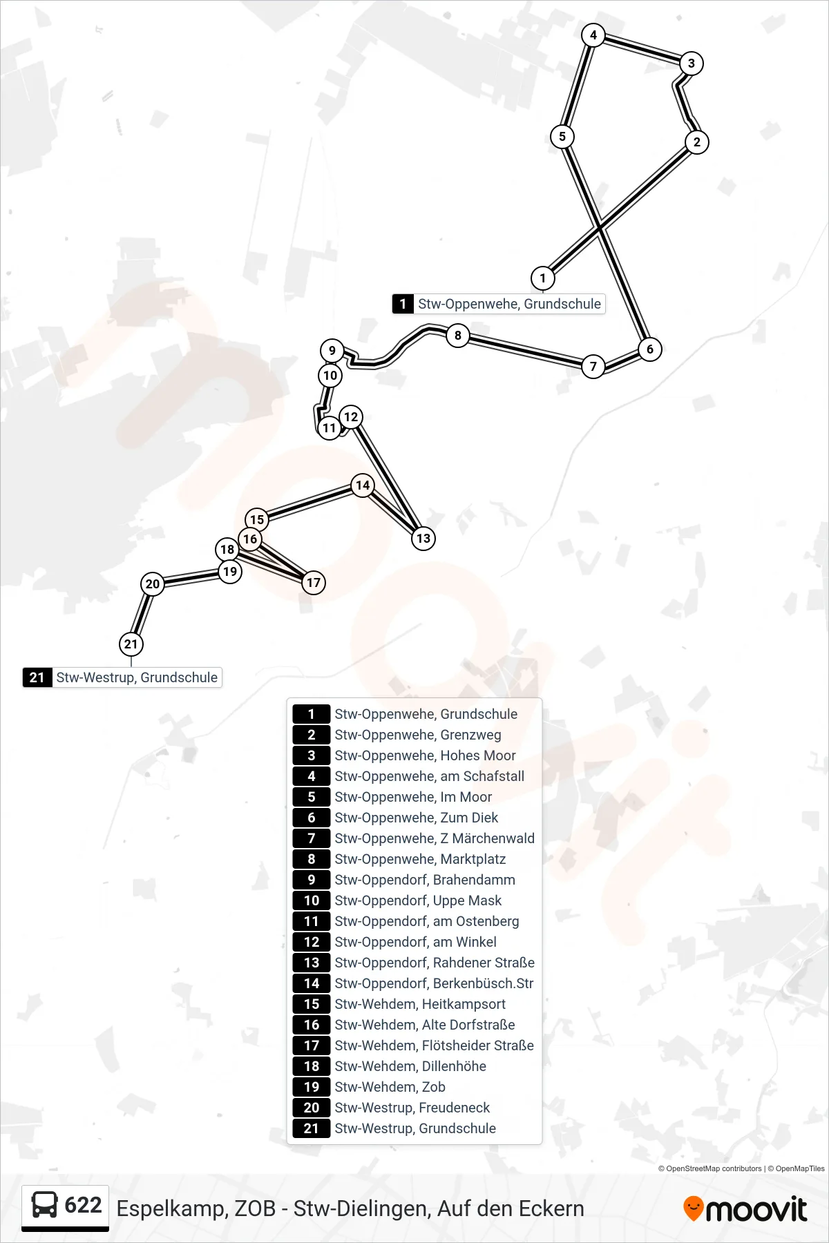 622 bus Line (Westrup) route and stops on a map
