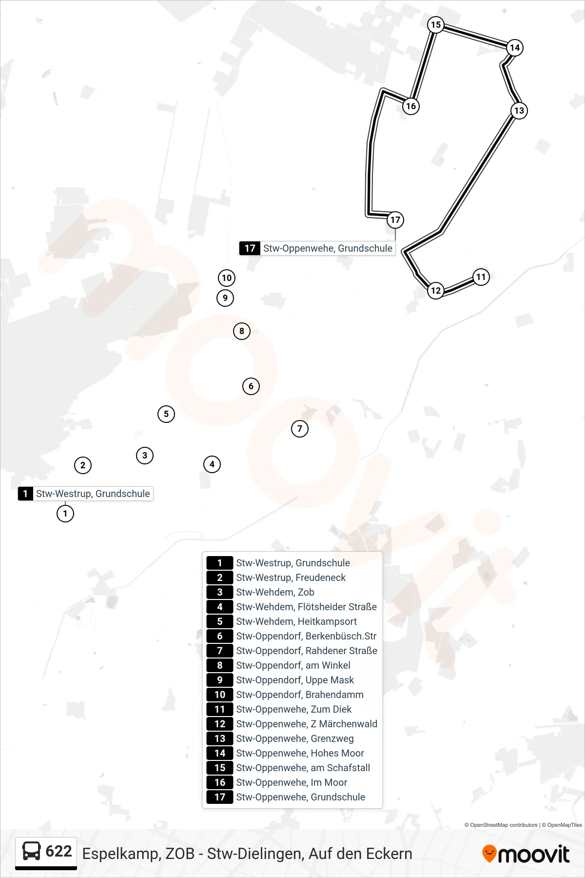 622 bus Line (Oppenwehe) route and stops on a map