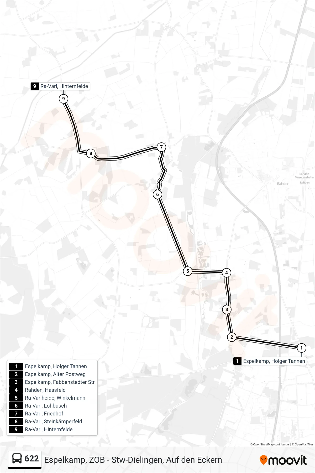 622 bus Line (Holger Tannen Weiter 622 Varl) route and stops on a map