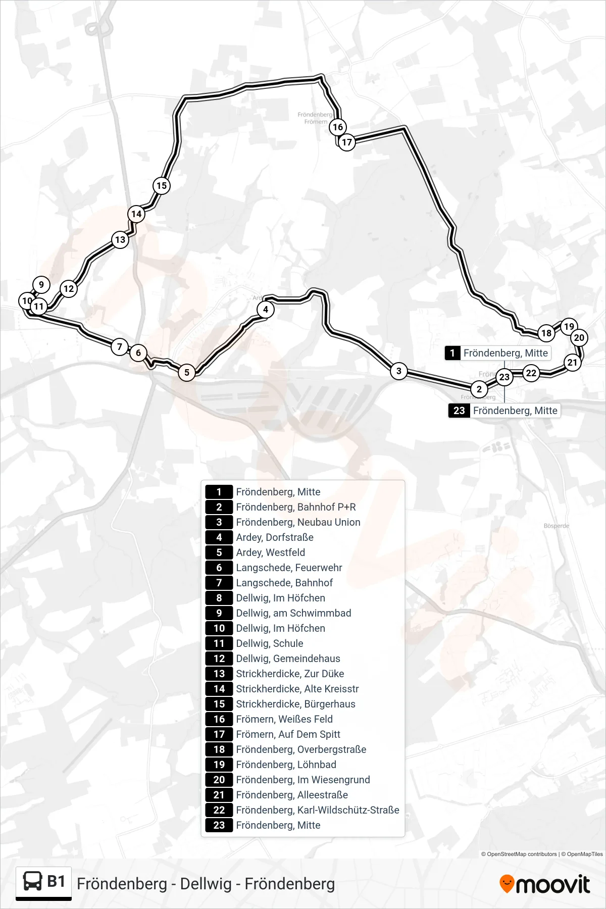 Linie B1 (Bus) Richtung Fröndenberg, Mitte: Route und Haltestellen auf der Karte