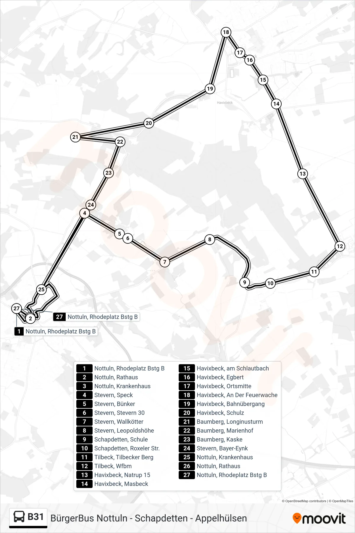 Linie B31 (Bus) Richtung Nottuln, Rhodeplatz Bstg B: Route und Haltestellen auf der Karte