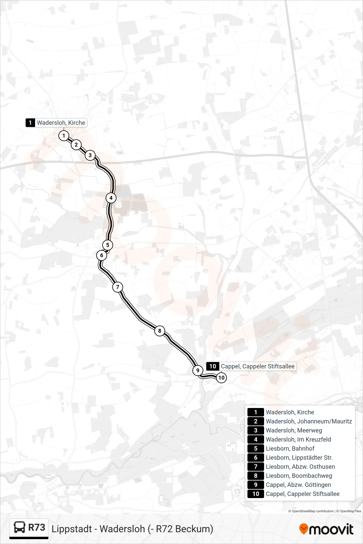 R73 bus Line (Cappel, Cappeler Stiftsallee) route and stops on a map